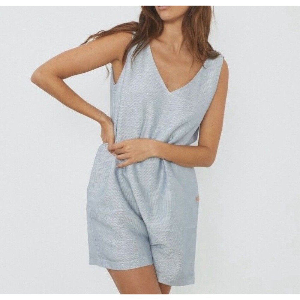 Lunya Romper Size S Blue White Stripe Linen & Silk Loungewear One Piece Pajamas